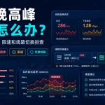 机场晚高峰很卡怎么办，2026 年节点拥堵、限速和线路切换排查示意图，展示延迟、负载、测速和节点切换建议。