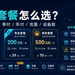 机场套餐怎么选特色图，展示2026普通套餐、专业套餐、商务套餐的月付、季付、年付、流量和设备数选择指南