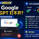 机场梯子能打开 Google 但 ChatGPT 打不开的排查指南特色图，展示节点地区不适合、IP 风险、浏览器缓存异常、代理模式未生效、DNS 或网络冲突等常见原因。